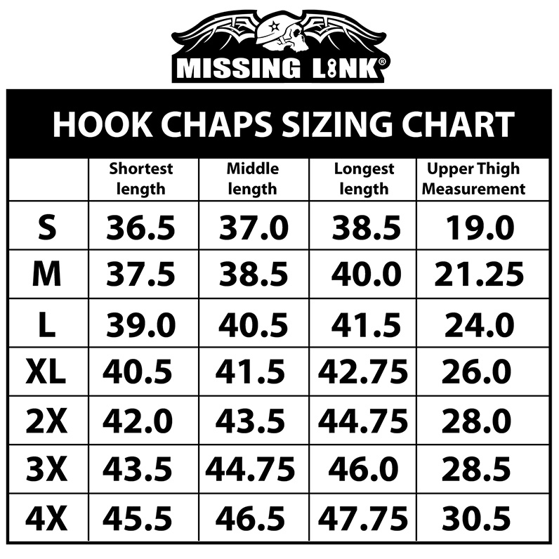 River Road Chaps Size Chart